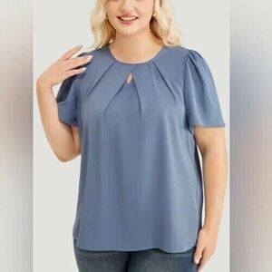 BloomChic Top Womens 1X 14‎ 16 Blue Pleated Keyhole Puff Sleeve Blouse